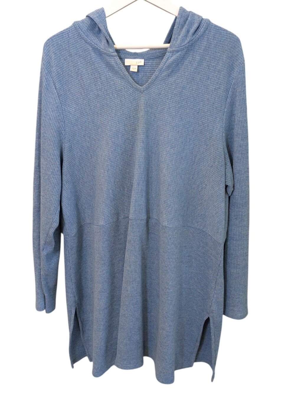 J. Jill Hooded Ribbed Knit Tunic Sweater XL Blue Side Slit Long Sleeve Relaxed
